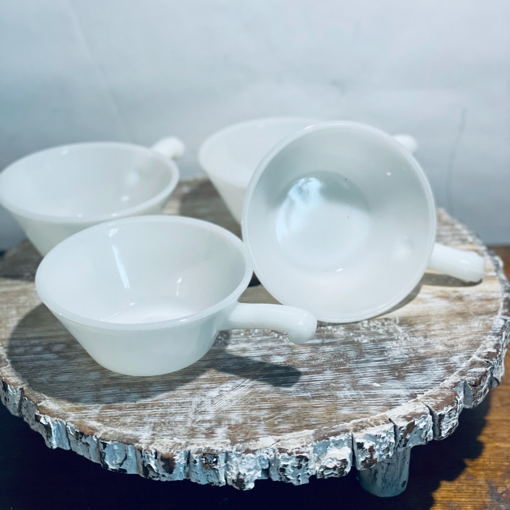 Fire king 4 white small bowls w/ handles
